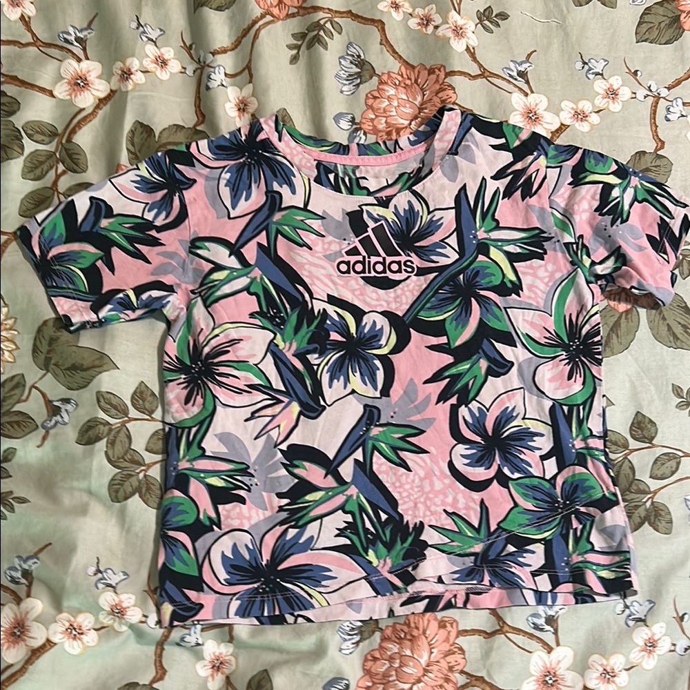 Adidas Pink and Green Tropical Print Short Sleeve Tee